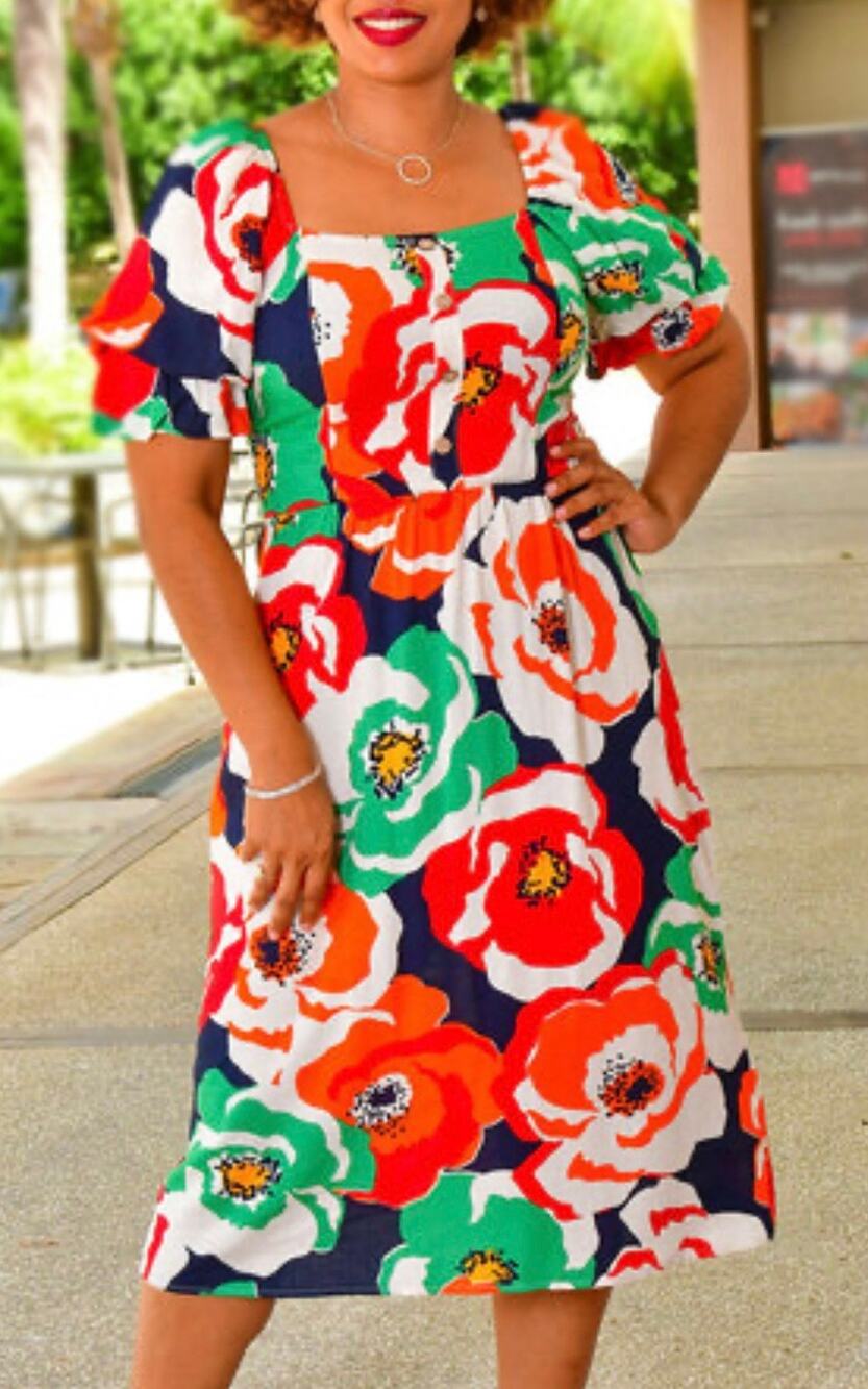 Luxology Floral Midi Dress Puff Sleeve Lightweight Event Dress NWT L
